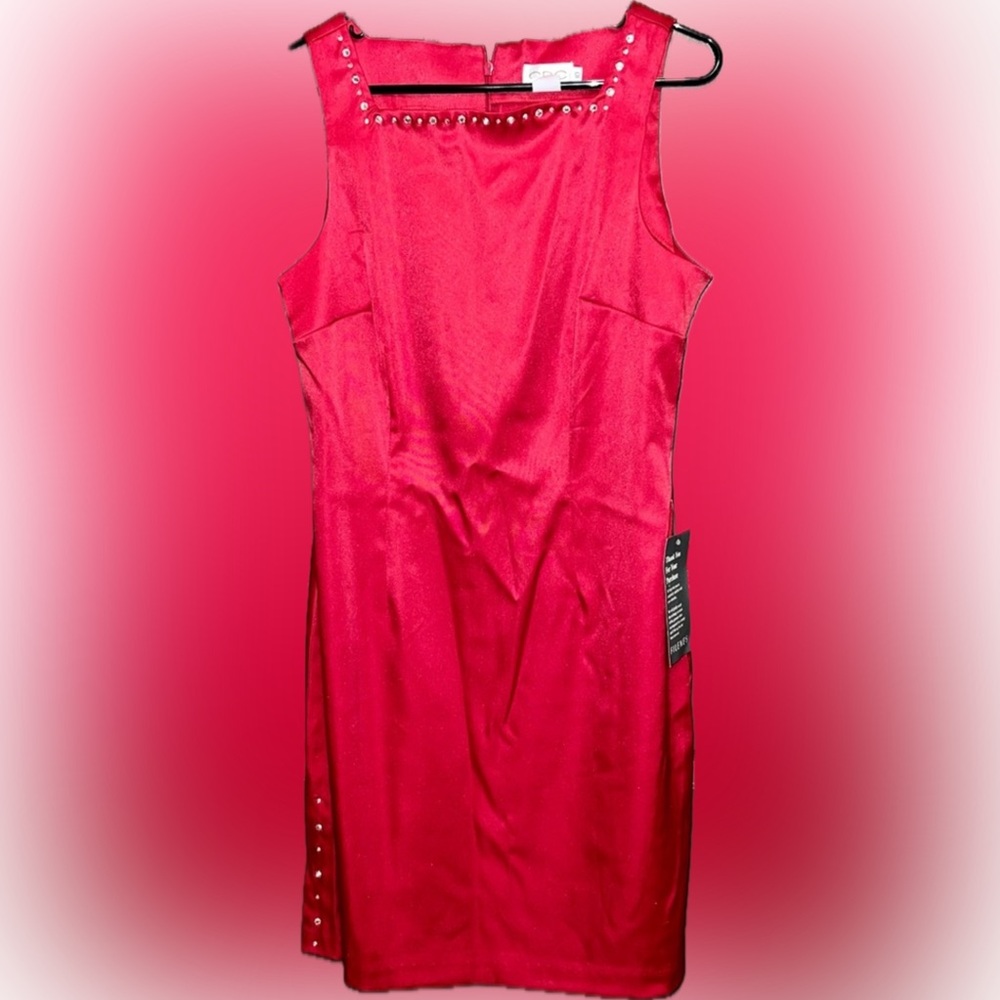 Vintage CDC Red Dress W/Rhinestones Around Neck & Side Slit, Size 10, NWT